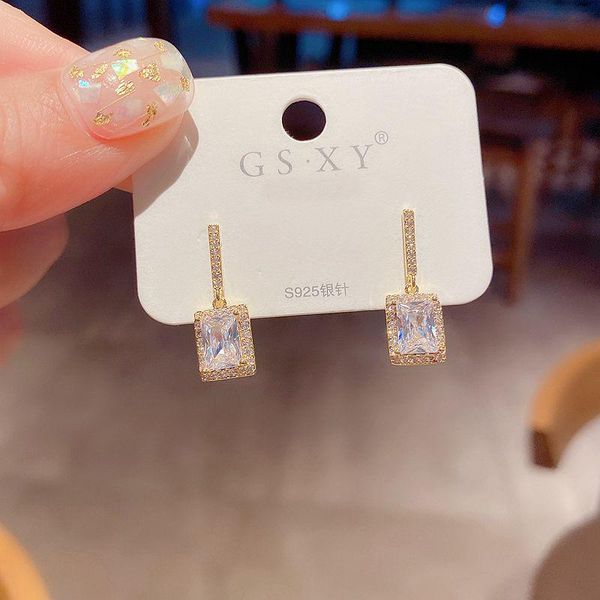 high end simple design rectangle cubic zirconia stud earrings gold color elegant women accessories, Golden;silver